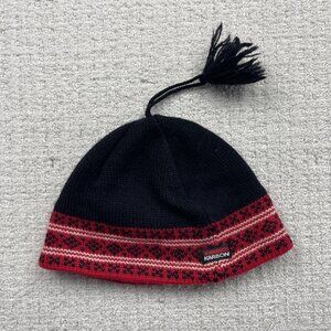 Karbon Unisex Ski Beanie Black / Red Nordic Fait Isle Alpine Retro Pom-Pom 90's